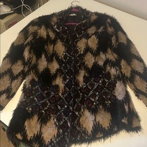 Adore Beige and Black Geometric Open-Front over sized Cardigan with pockets.